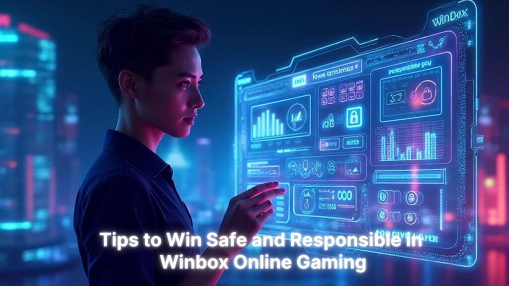 A person is interacting with a sleek holographic dashboard labelled “Winbox H5,” showing glowing icons